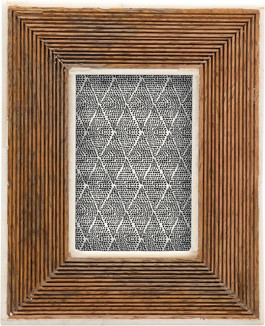 Creative Co-Op Hand-Carved Mango Wood Photo Frame with Bone Border & Ribbed Pattern, Natural (Holds 2" x 3" Photo)