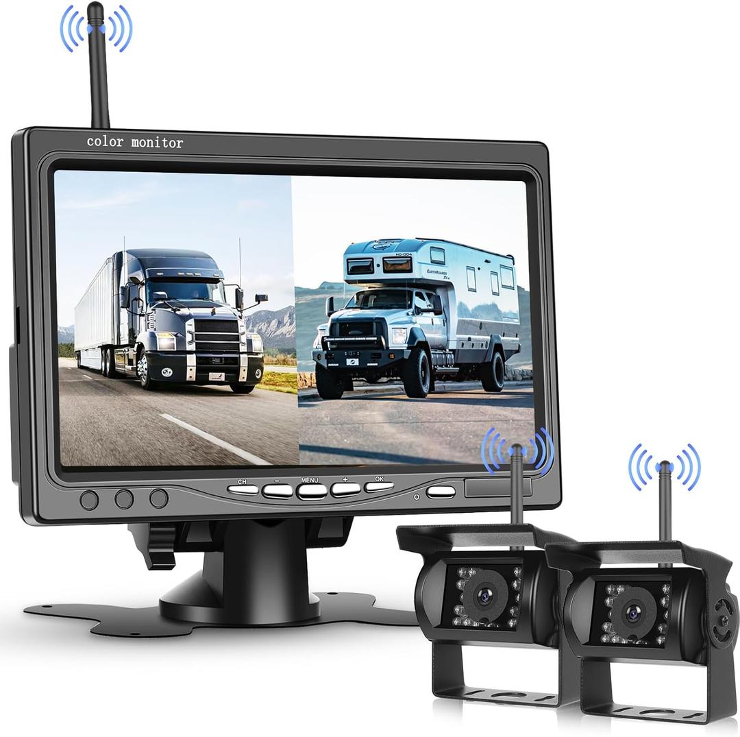 Hodozzy Digital Wireless Backup Camera Digital System Kit, 7 Inch HD Touch Screen Monitor with 2 CamerasBlind Spot Warning, IP 68 Waterproof Backup Camera, Recording,Night Vision,for Trucks/RV/SUV
