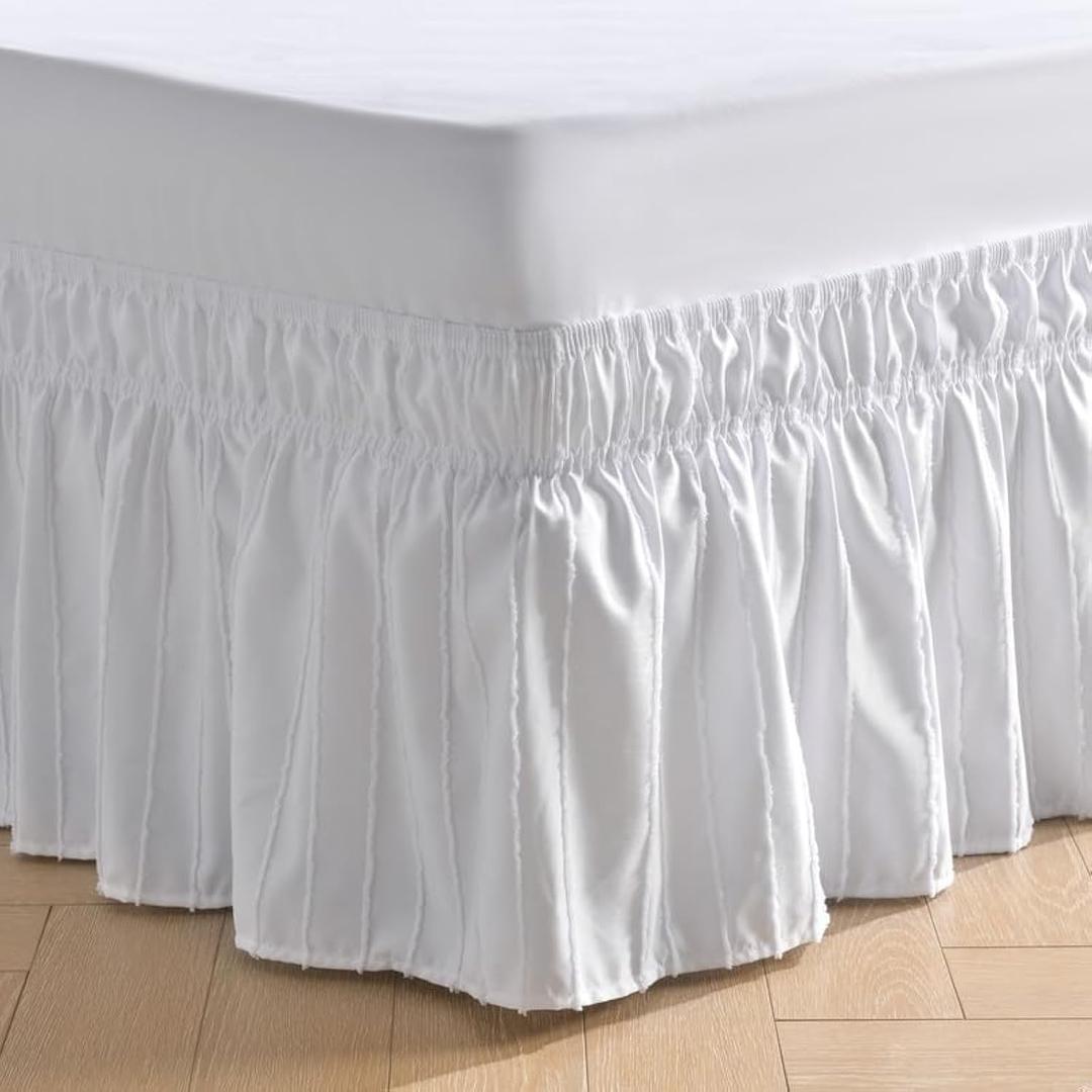 MIYE Wrap Around Ruffled Lace Bed Skirt, Elastic Dust Ruffle with Adjustable Belts, Easy to Put On, Bed Frame Cover, Machine Washable (Striped/White, King/Queen-15 Drop)