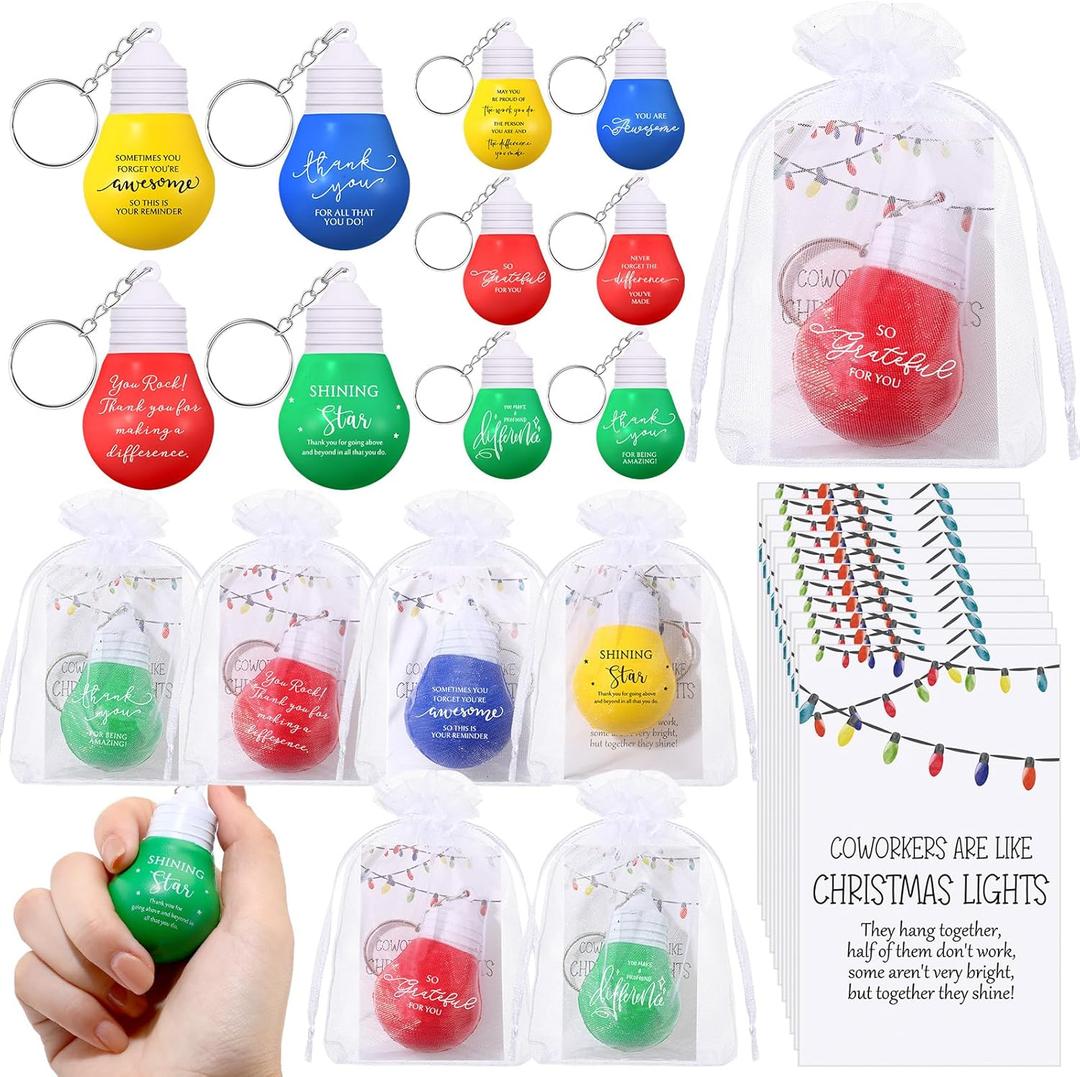 Landical 20 Set Christmas Appreciation Gift for Coworker Bulk Light Bulb Stress Ball Keychain Employee Christmas Gift for Staff Team (10 Styles)