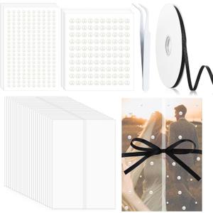 Faccito 50 Pcs Vellum Jackets for 5x7 Invitations Wedding Invitation Accessories Kit Pre Folded Vellum Paper, 1 Roll Ribbon, Pearls Stickers Tweezer, Envelope Liners 5x7 Inserts for Wedding (Simple)