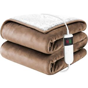 Electric Blanket Heated Throw, Soft Flannel 50"x60" Heating Blanket with 8 Hours Auto Off 10 Fast Heating Levels Machine Washable Sherpa Heated Blanket with Overheating Protection
