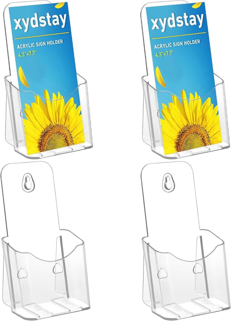 4 x xydstay Brochure Holder 4 Inches Slant Back Design, Clear Display Stand, Plastic Table Stand Sign Holder,Pamphlet Holder Flyer Holder, Acrylic Display Stand, Acrylic Table Signs Plastic Paper Holder for Office, Home, Store, 4 Pack