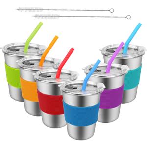 Stainless Steel Kids Cups with Straws and Lids, 6 Pack 12oz Leak Proof Sippy Cups, Unbreakable Toddler Straw Cup Tumblers, Kids Water Drinking Glasses, BPA-Free Reusable Metal Mug for Children Adult