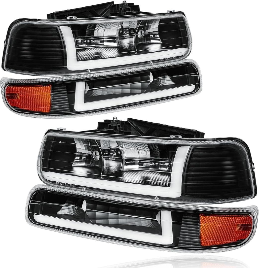 Pair LED DRL Headlights Assembly for 1999-2002 Chevy Silverado 1500 2500 1500HD 2500HD 3500/2000-2006 Tahoe Suburban 1500 2500 Replacements Amber Reflector Black Housing