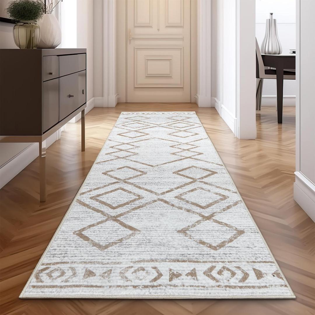 Jinchan Hallway Runner Rug 2x8 - Moroccan Kitchen Machine Washable Runner Rug Modern Geometric Soft Faux Wool Ultra-Thin Low-Pile Non-Slip Carpet for Laundry Room Bedroom Farmhouse (2x8ft,Taupe)