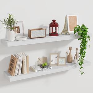 Marsmiles Wood Floating Shelves for Wall Set of 2, 36 Inch Wide Rustic Wooden Floating Shelves, Invisible Wall Mounted Display for Living Room Bedroom Kitchen Bathroom Office, Black (36Inch, Set of 2, (1-2/5"H), Washed White)