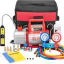 VIVOHOME 110V 1/3 HP 4CFM Single Stage Rotary Vane Air Vacuum Pump and AC Manifold Gauge Set Kit with Leak Detector for R134a R12 R22 R502 R410a HVAC Air Conditioning Refrigeration Recharging, Red