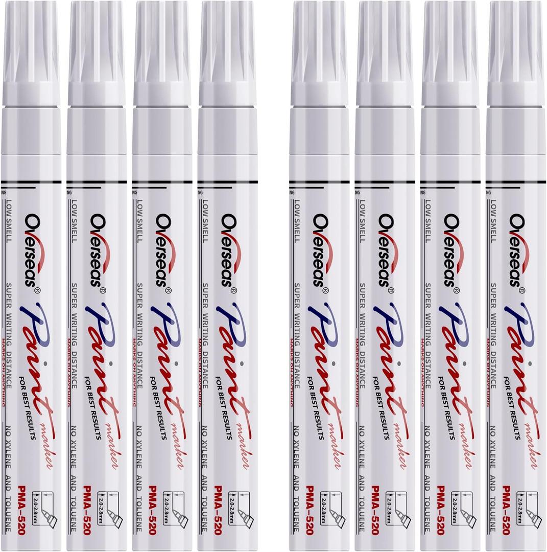 Overseas Paint Pens Paint Markers - White Permanent Markers 8 Pack, Oil Based Waterproof Quick Dry Medium Tip Marker Pen for Metal, Wood, Fabric, Plastic, Rock, Stone, Mugs, Canvas, Glass, Art Craft