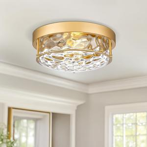 Cargifak 12" Flush Mount Ceiling Light, Farmhouse Style, Hammered Glass, Brass Gold, for Living Room, Bedroom, Dining – CKCL4822-2W-HGBB