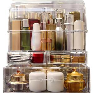 UShioart Clear Large Acrylic Makeup Organizer With Lid Cosmetic Storage Drawers Portable Makeup Organizers Dustproof And Waterproof Box For Women (14in)
