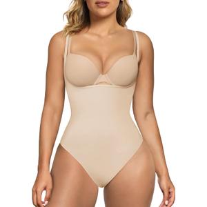 SHAPERX Open Bust Shapewear Tummy Control Bodysuits for Women Seamless Compression High Waisted Body Shaper (Small-Medium, Beige (Thong))