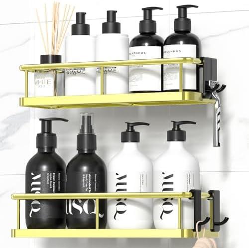 YASONIC Shower Caddy Adhesive, No Drill Bathroom Shower Organizers, with Removable Hooks, Rust Proof Shower Shelves, Wall-Mounted Shower Holder, 2 Pack Gold