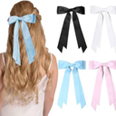 Pack of 2 4PCS Hair Bows Hair Clips, RSWETE Stain Bow Hair Ribbon for Women Girls French Barrette Ponytail Bow Clip Hair Accessories Elegant Cute (White & Black & Pink & Blue)