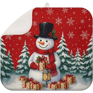 Red Christmas Drying Mat for Kitchen Counter 16" X 18" Christmas Dish Drying Mat for Kitchen Decor Snowman Xmas Drying Mats For Home Counter Drying Mats For Dishes Dish Mat Drying Mat