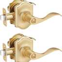 EHOMEWARE Door Handles Interior, 2 Pack Brass Door Knobs, Keyless Privacy Door Knob, Bedroom Door Lock, Bathroom Door Handle, Gold Door Knob, Wave Door Lever for Left/Right Handed Doors