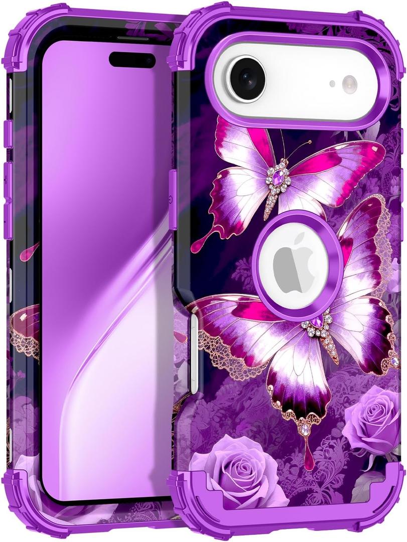 LONTECT for iPhone Air Case 3 in 1 Shockproof Heavy Duty Rugged Hard PC+Soft Silicone Full Body Protective Cover Girls Women Case for Apple iPhone 17 Air 2025, Glow in The Dark Lilac