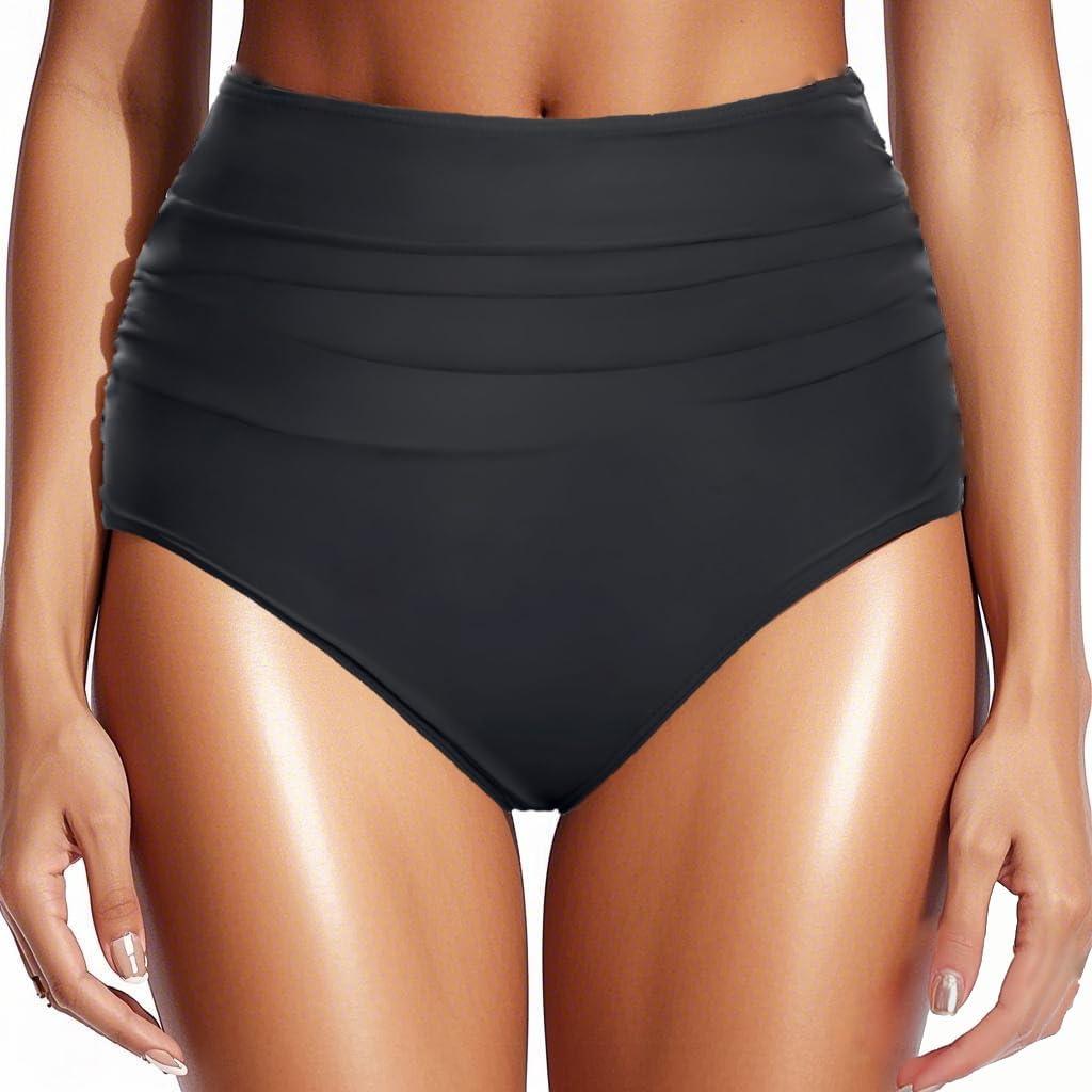 Zmart Women High Waisted Bikini Bottoms Tummy Control Full Coverage Swim Bottom Front Ruched Bathing Swimsuit (X-Large, Black)
