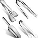 Sieral 4 Pieces Silver Ice Tongs and Scoops for Ice Bucket Stainless Steel Versatile Serving Tongs with Teeth Shovel Scoop for Christmas Party Supply Gift Freezer Kitchen Food Buffet Cocktail Bar BBQ