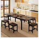 7-Piece Dining Table Set, 63" Extendable Kitchen Room Table with 6 Stools, Mid Century Modern Dinner Table with Metal Frame & MDF Board, Space-Saving, Easy Assembly, Espresso