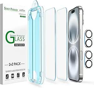 amFilm AutoAlignment OneTouch for iPhone 16 [6.1''] Screen Protector + Camera Lens Protector, Tempered Glass, 30 seconds Installation, Bubble Free, Case Friendly, AntiScratch [2+2 Pack]