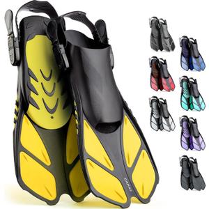 CAPAS Snorkel Fins, Swim Fins Travel Size Short Adjustable for Snorkeling Diving Adult Men Women Kids Open Heel Swimming Flippers (L/XL (US Men 9-13 / Women 10-14), Yellow)