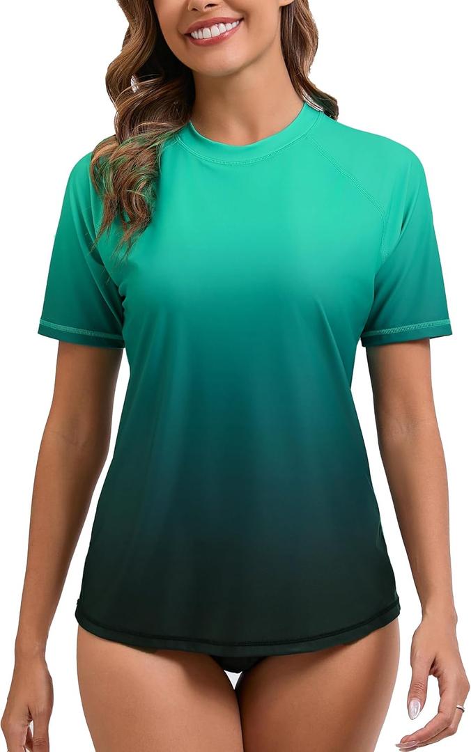 Halcurt Women's Short Sleeve Rash Guard Swimsuit Top with Built in Bra Swim Shirt UPF50+ Quick Dry Bathing Suit (XX-Large, Ombre Green)