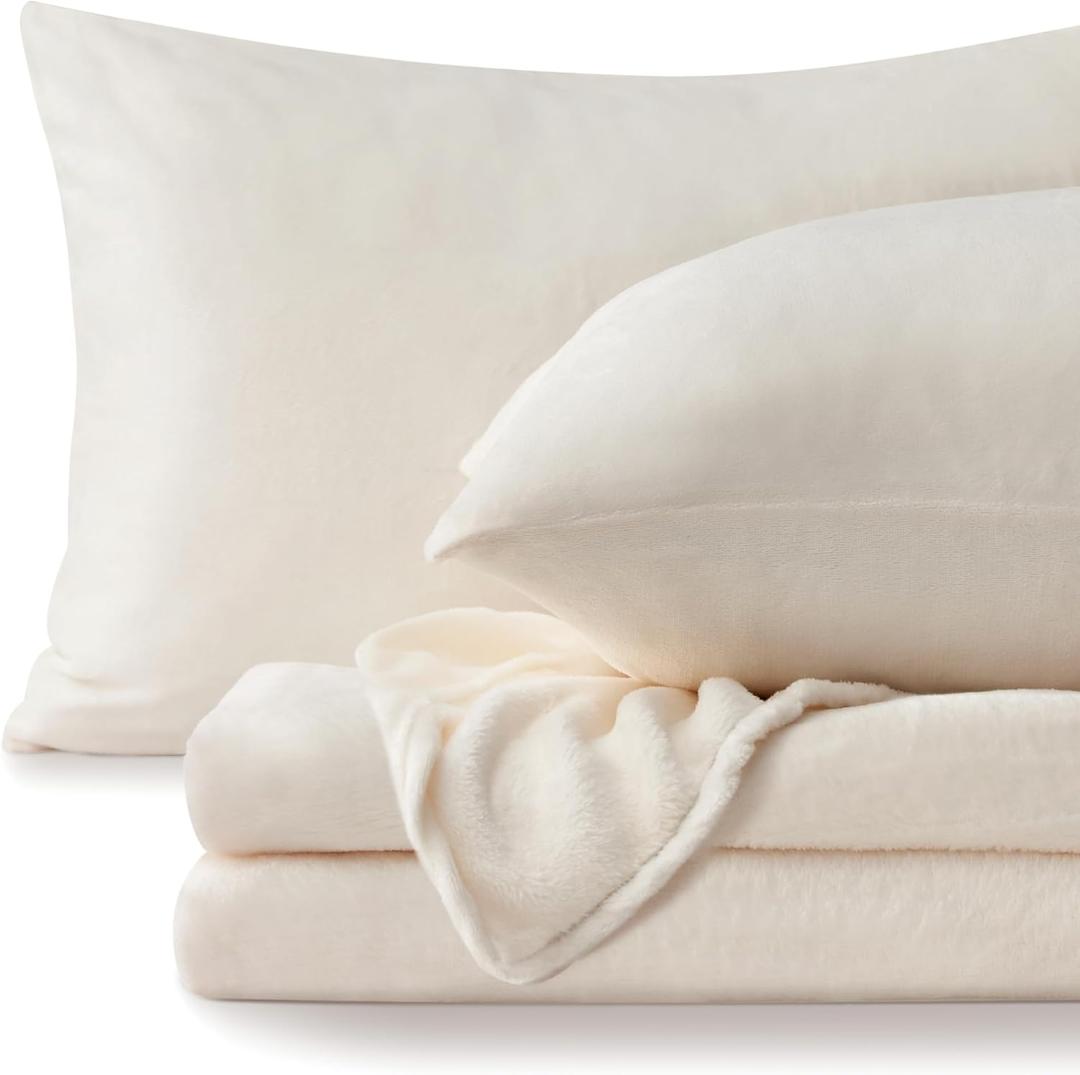 BEDELITE Flannel Sheets Full Size White - Super Soft Fleece Sheets Set Fluffy Extra Plush, 4 Piece(Include Fitted Sheet, Flat Sheet, 2 Pillowcases)