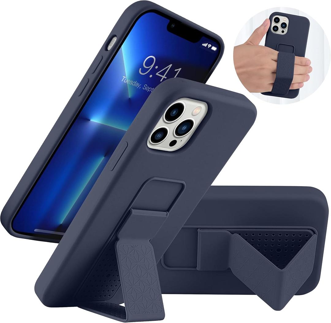 LAUDTEC Silicone Kickstand Case Compatible with iPhone 13 Pro, Vertical and Horizontal Stand Hand Strap Metal Kickstand Cover, Flexible Soft Liquid Silicone Stand Case for iPhone 13 Pro (Blue)