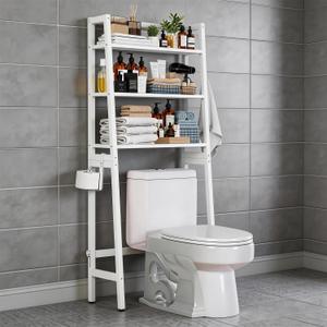 Over The Toilet Storage, Wooden 3-Tier Over-The-Toilet Rack Bathroom Space Saver Organizer, Freestanding Above Toilet with Toilet Paper Holder and Hooks (White), 11.02D x 25.59W x 61.42H in