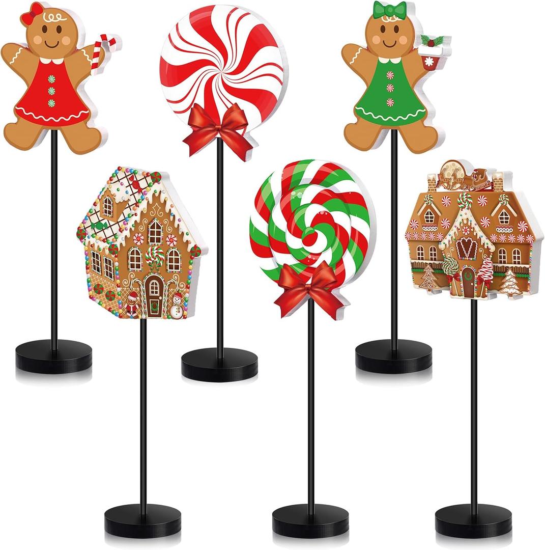 Wenqik 6 Pcs Christmas Wooden Table Decorations Gingerbreadman Table Centerpieces Signs Christmas Candy Cane House Wooden Tabletop Decor for Xmas Tiered Tray Home Desk Party Decoration