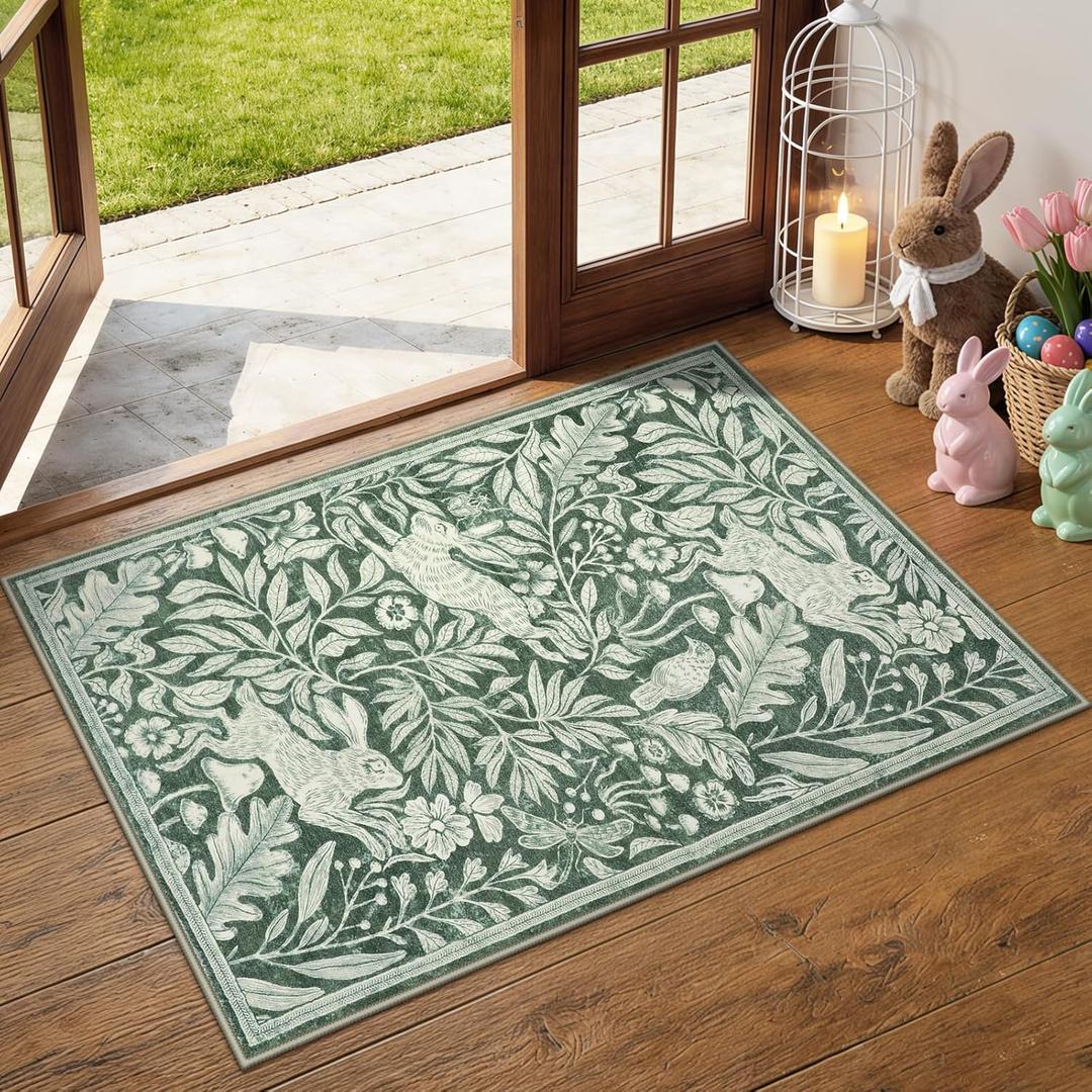 Lahome Nadine Forest Rabbit 2x3 Rugs for Entryway, Soft Animal Washable Easter Bathroom Rug for Entrance, Whimsical Woodland Print Sage Green Door Mat, Non Slip Throw Carpet Rubber Backed