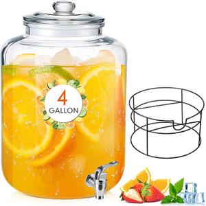 Honeydak 1 Pack 4 Gallon Glass Drink Dispenser for Parties Large Glass Beverage Dispenser with Stand and Spigot Leakproof Water Storage Lemonade Juice Jar Mason with Lid for Wedding Parties Kitchen