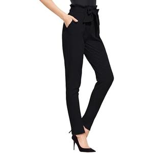 Hybrid & Company Women's Paper Bag Pants Casual Slim High Waist Pants with Bow Knot L