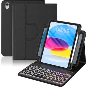 YBING for iPad A16 Case with Keyboard 11th &10th Generation, 360 Rotation Magnetic Cover with 7-Color Backlit Wireless Detachable Keypad with Pencil Holder for iPad 11th 2025/10 Gen 10.9" 2022 (Black)