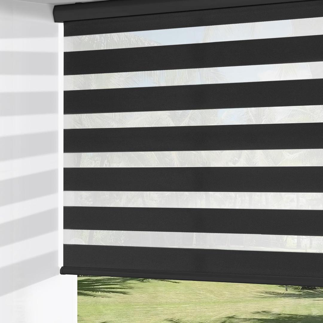 ChrisDowa Cordless Zebra Blinds for Windows, Dual Layer Free-Stop Light Filtering Window Roller Shades, Pull Down Privacy Zebra Shades for Home, Office, Bedroom, Door (30" W x 72" H, Black)