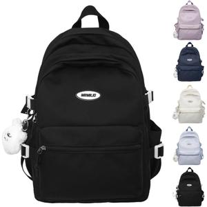 Kawaii Backpack with Cute Accessories Casual Aesthetic Daypack Simple Laptop Bag Waterproof Travel Rucksack for Women (Black)