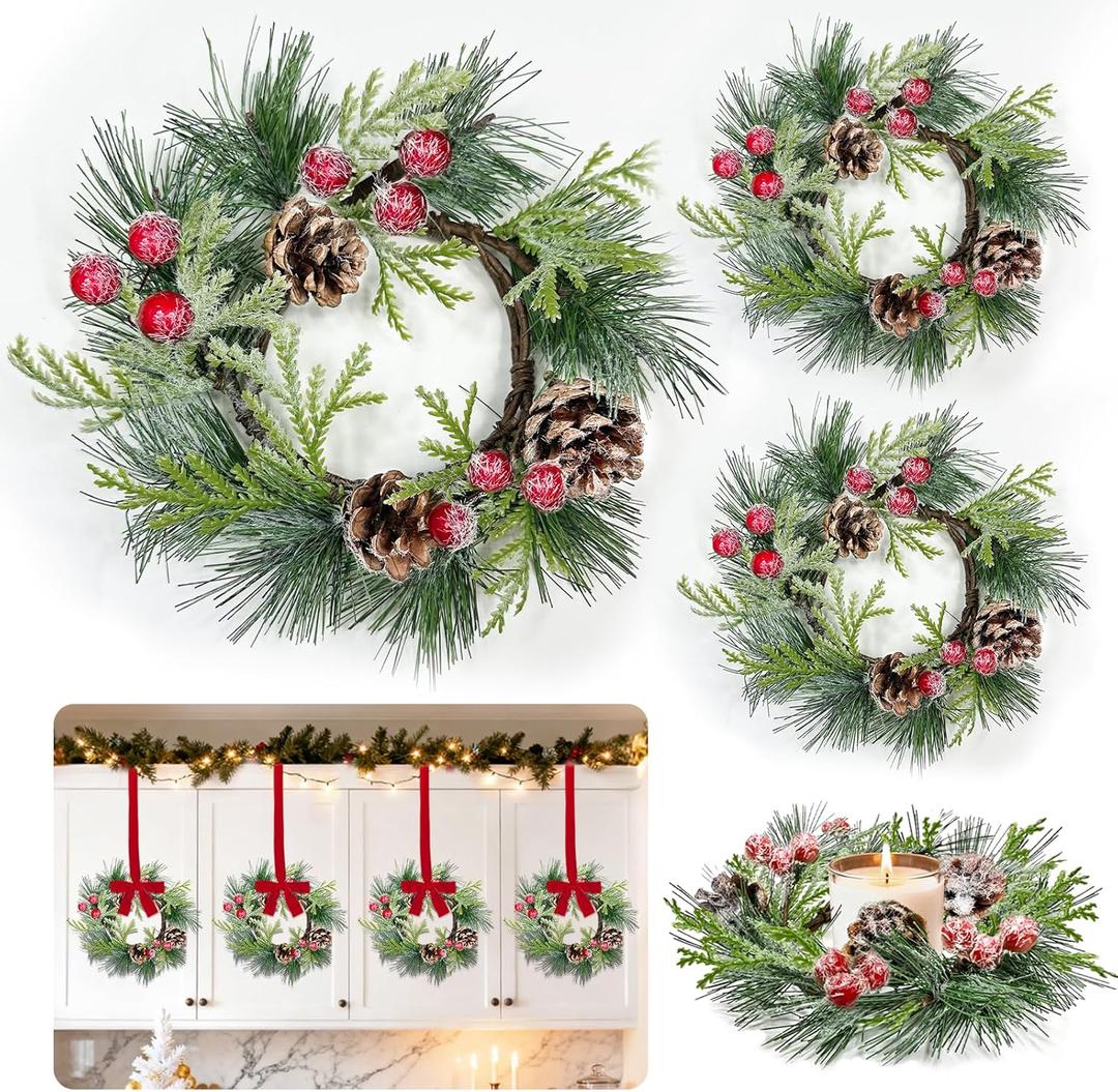 4 Pcs Mini Christmas Wreath for Cabinets Kitchen, 9 Inch Small Christmas Wreaths with Cypress Snowy Pinecone & Pine Branche Red Berry Christmas Candle Rings Wreaths for Cabinet Windows Wall Table