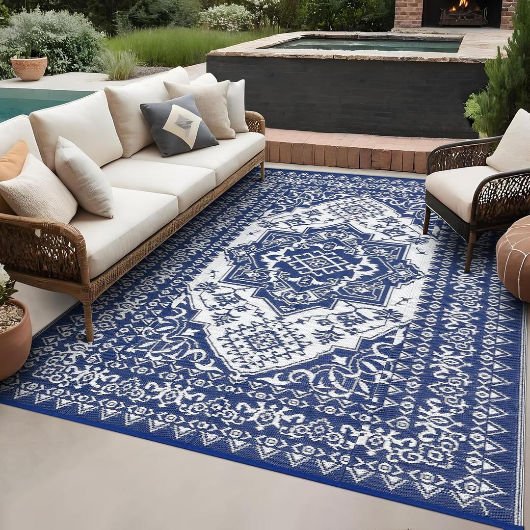 GAOMON Patio Rugs Outdoor 8x10 Waterproof Reversible Plastic Straw Rug, Large UV-Resistant Portable RV Camping Mats, Indoor Outdoor Medallion Carpet for Deck Porch Garden, Dark Blue & White GAOMON Patio Rugs Outdoor 8x10 Waterproof Reversible Plastic Straw Rug, Large UV-Resistant Portable RV Camping Mats, Indoor Outdoor Medallion Carpet for Deck Porch Garden, Dark Blue & White