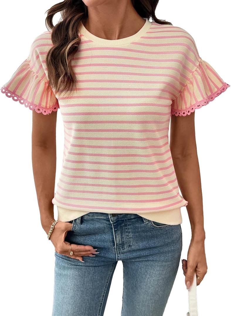 SHEWIN Women Summer Loose Fit Tops Trendy Rib Knit Stripe Shirt Business Dressy Casual 2026, 2XL