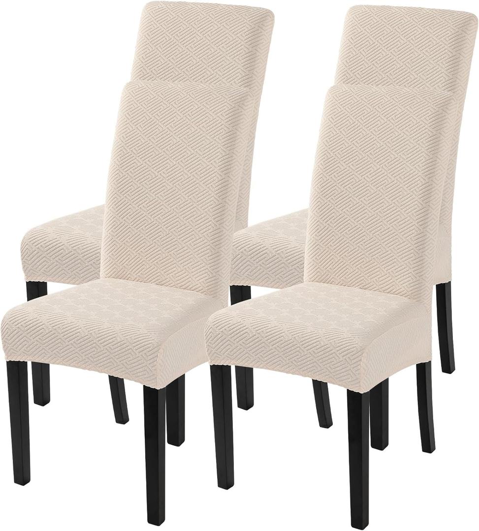 SearchI Jacquard Dining Room Chair Covers Set of 4, Stretch Kitchen Chair Covers Washable Parsons Chair Slipcover Removable Dining Chair Protectors for Hotel,Ceremony(Beige Maze Jacquard) (4 per set)