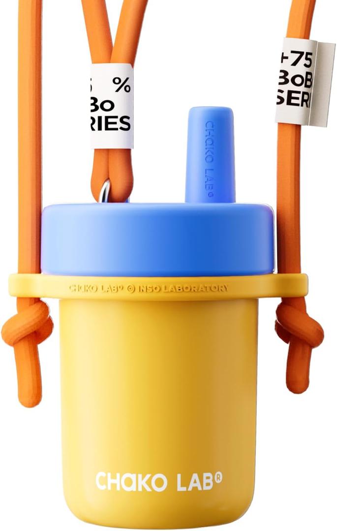 CHAKO LAB Kids Water Bottle with Carrying Rope and Straps | Vacuum Insulated Stainless Steel 16oz for School and Trvels | Two Travel Carrying Options | Duck egg yellow