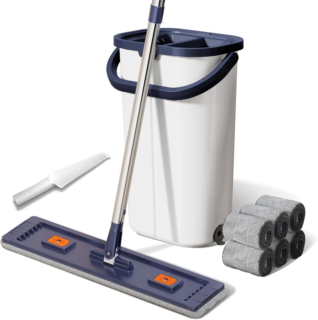 Mop and Bucket Set with Wringer for Home, 360 Flat Squeeze Mop with Long Handle and 6 Microfiber Cloths for Floor Cleaning (White+Blue, Square Bucket and 15.7'' Mop Head)