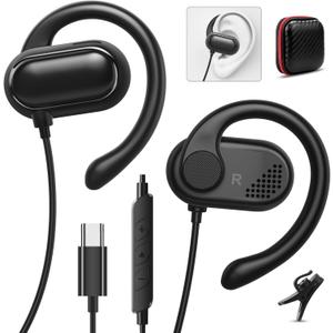 USB C Headphones Over-Ear Buds Hooks Microphone for Sport Running &Volume Control, Fit Small Ears Type C Wired Earbuds for iPhone 16e 16 15 iPad Pro Samsung Fold6 Galaxy S25 S24 S23 Oneplus 12 Pixel 8