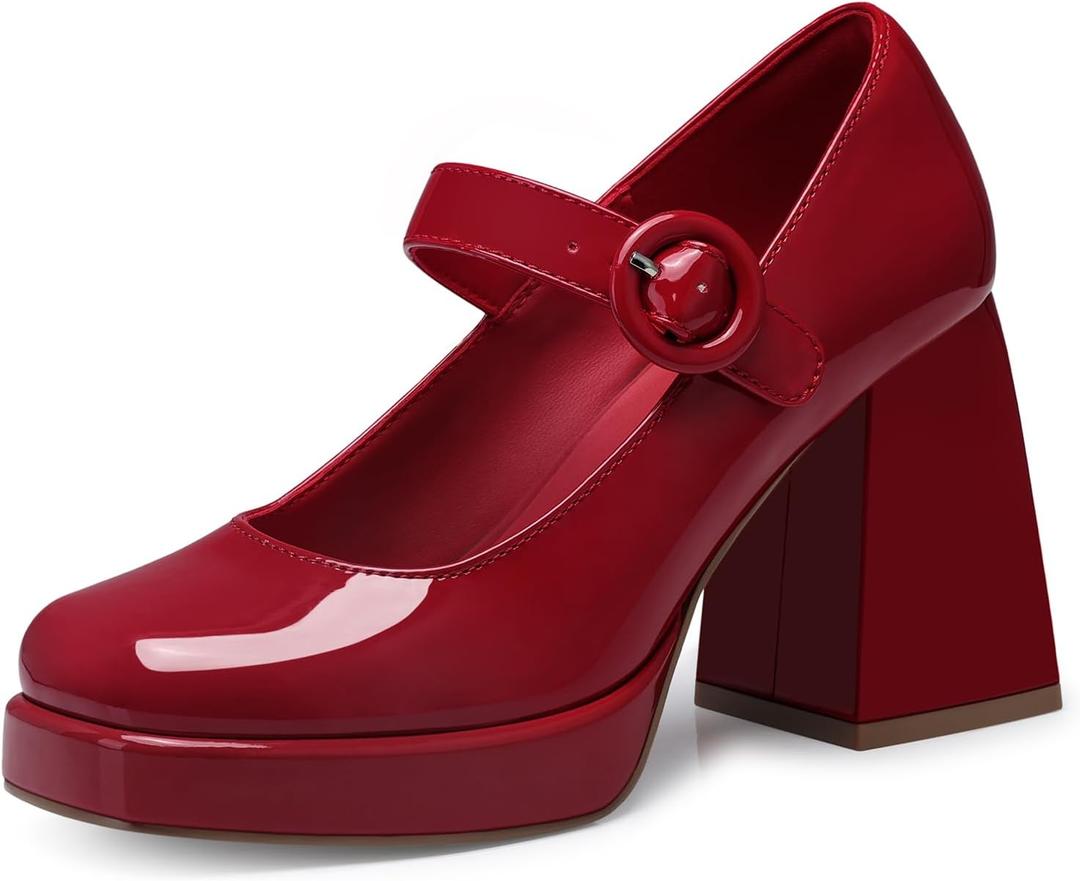 Women Mary Jane Shoes: Comfortable Closed Toe Chunky Heels, 2025 Trendy Dress Shoes Prom Formal Graduation Platform Pumps Wide Size 6-11 (09 Red)