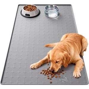 Extra Large 34x22 Inch Machine Washable Silicone Pet Food Mat - Waterproof Dog & Cat Bowl Mat with Raised Edge, Non-Slip Floor Protector for Large Dogs, Multi-Pet Homes (Grey)