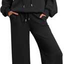 AUTOMET Lounge Sets for Women Sweatsuits 2 Piece Outfits 2025 Fall Drawstring Sweatshirt Wide Leg Sweatpants Tracksuit (Large, Black)
