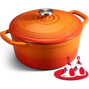 Overmont Enameled Cast Iron Dutch Oven - 7QT Pot with Lid Cookbook & Cotton Potholders - Heavy-Duty Cookware for Braising, Stews, Roasting, Bread Baking 