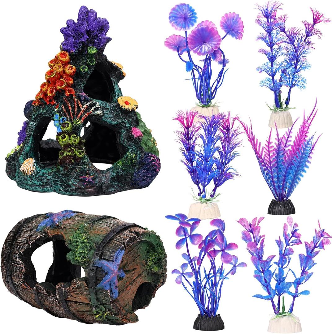 Fish Tank Decoration Betta Fish Tank Decorations Accessories, Aquarium Colorful Coral Reef Set, Coral Mountain x 1, Starfish Barrel x 1, Aquarium Decor Plants x 6