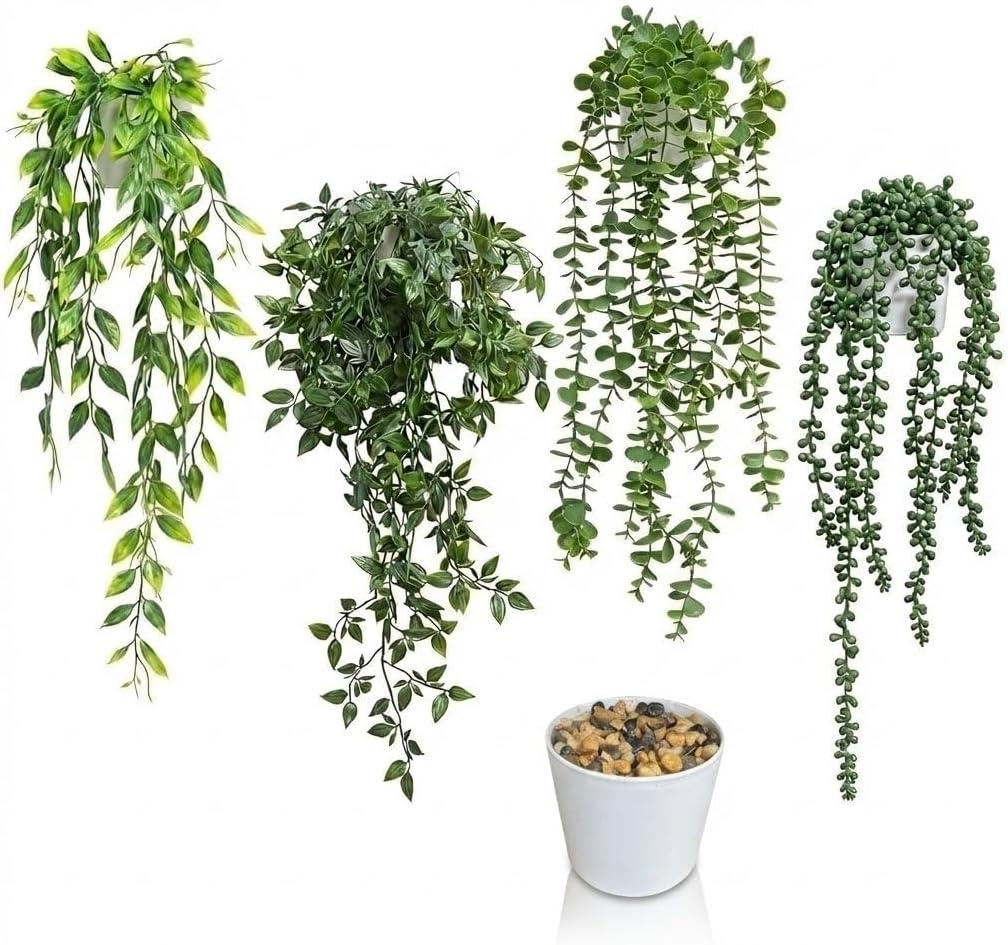 4 Pack Artificial Hanging Plants for Shelf,Fake Plants for room decor,String of Pearls,Mandala & Pea Pod Leaves in Pots for Indoor Outdoor Shelf Wall Decor - Realistic Faux Greenery(white flowerpot)